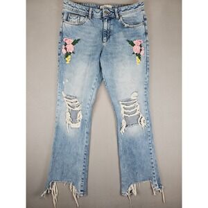 Zara Basic Denim 1975 Floral Embroidered Distressed Jeans Women's Size 6 30x29